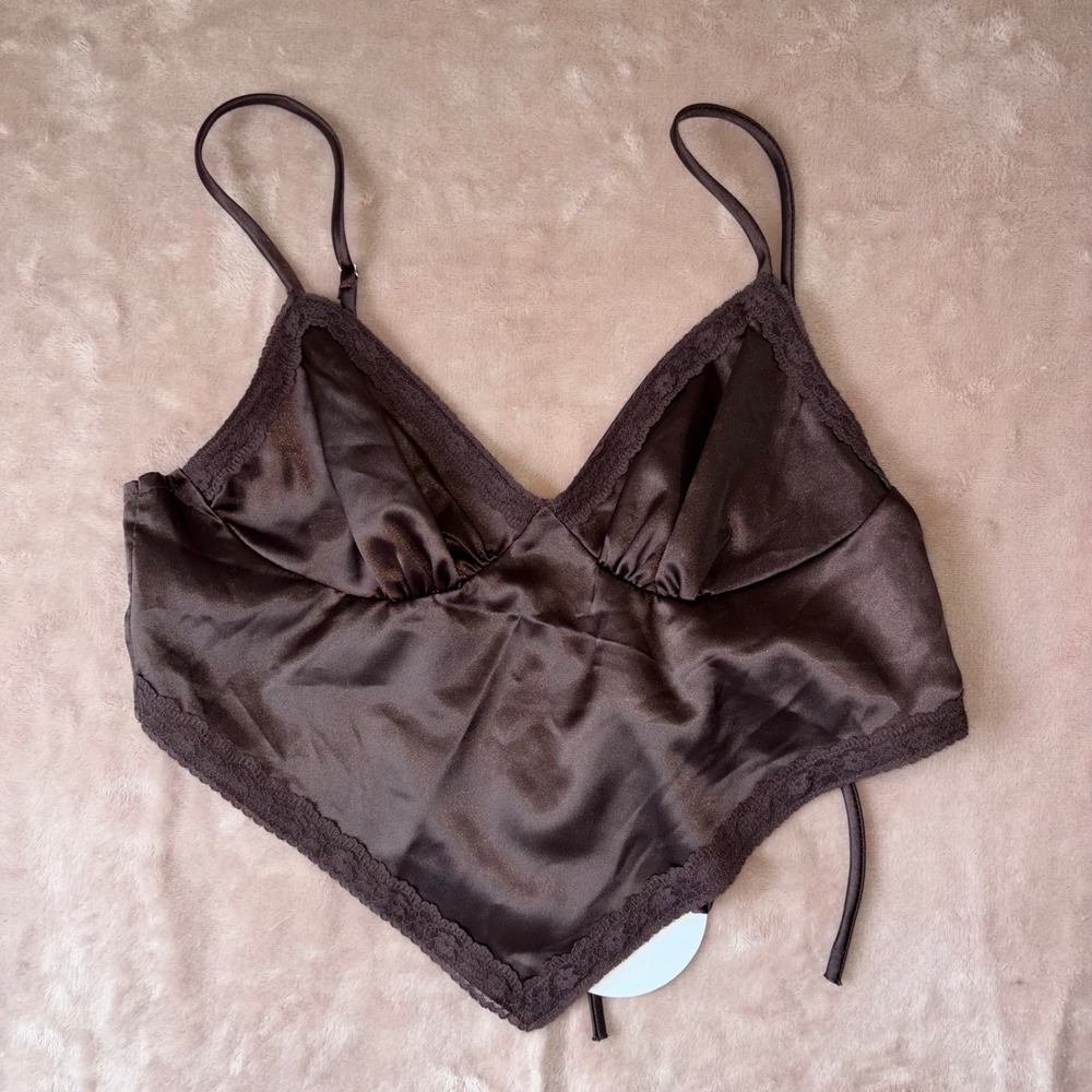 Rebelflow Brown Satin Lace Trim Handkerchief Camisole Tie Back Top Medium